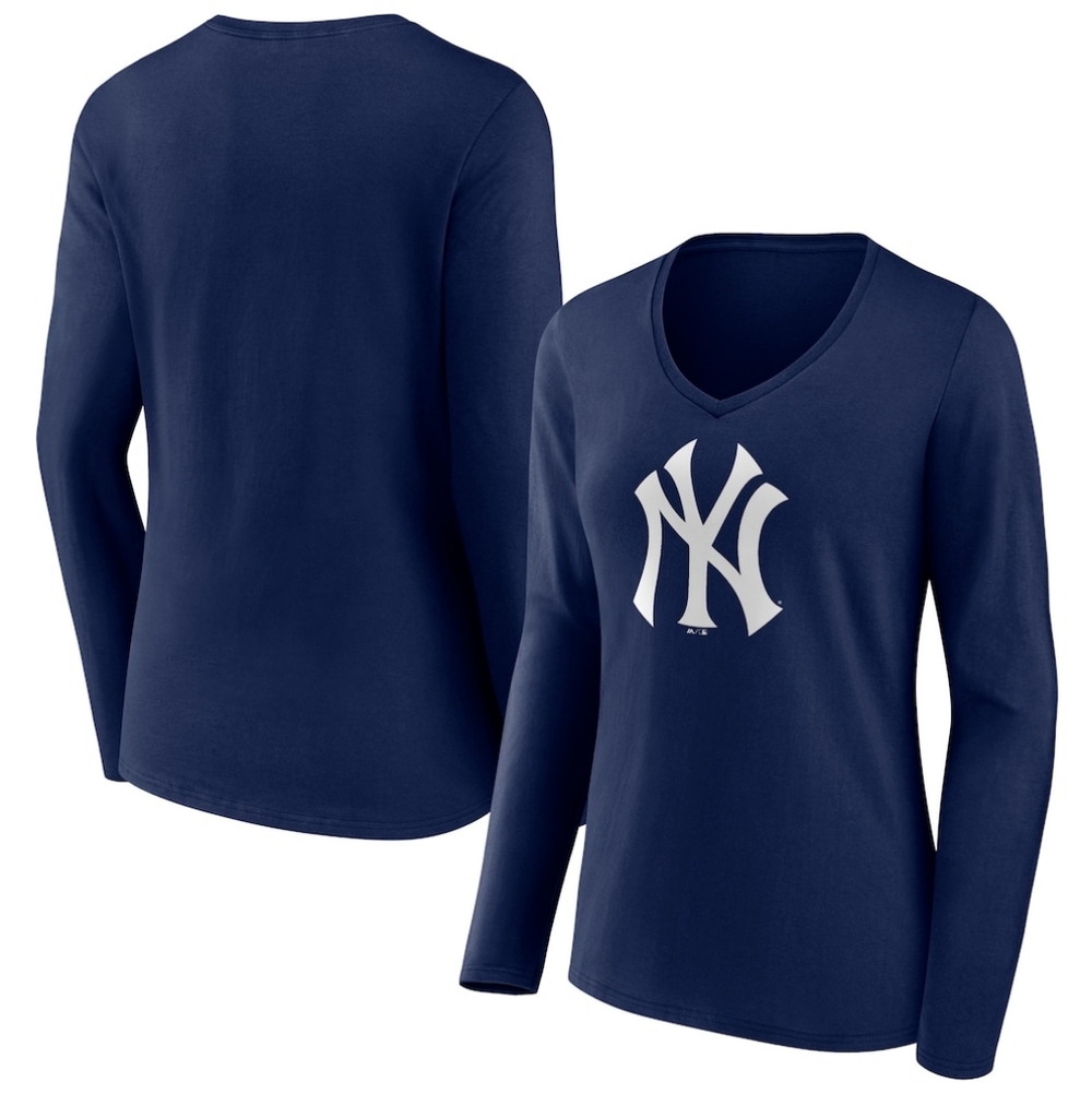 New York Yankees Navy w/ White Logo V-Neck Long Sleeve Shirt- Size M NWT